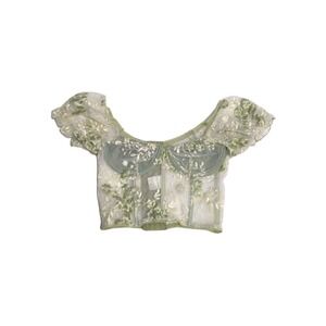 Romwe Womens XS Sage Green Floral Embroidered Mesh Corset Top Underwire Crop